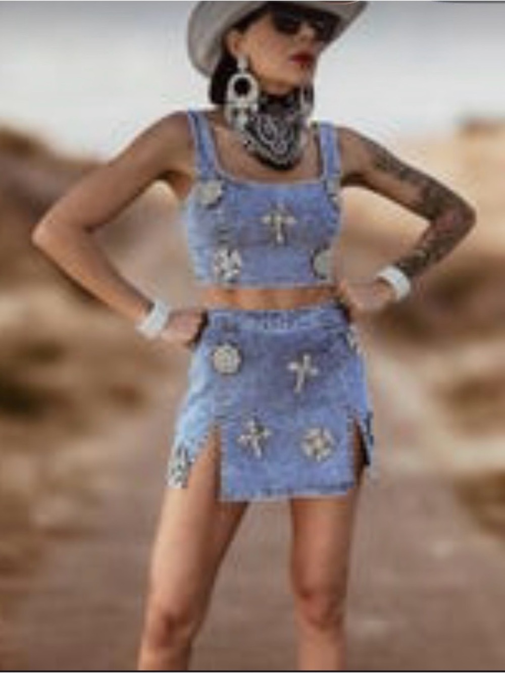Women's Light Blue Embellished Mini Skirt - Stylish Western-Inspired